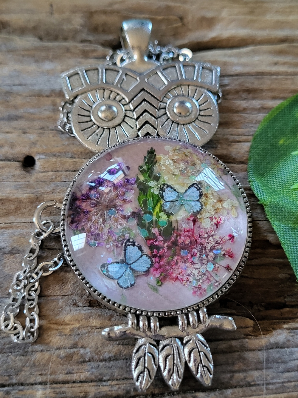 Silver Toned Owl Necklace with Pink Floral & Handcut Blue Butterfly Design